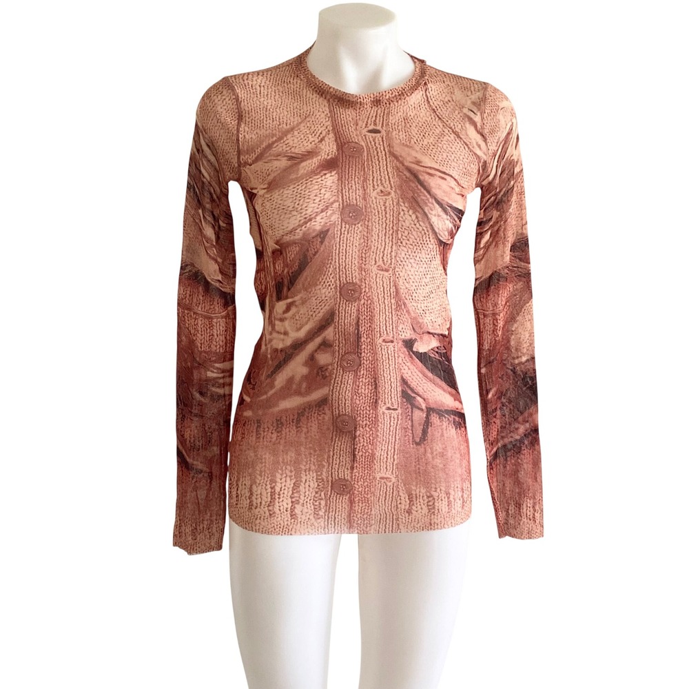 Jean Paul Gaultier Maille Femme Mesh Top Trompe L'oeil Knit Cardigan Print Red L
